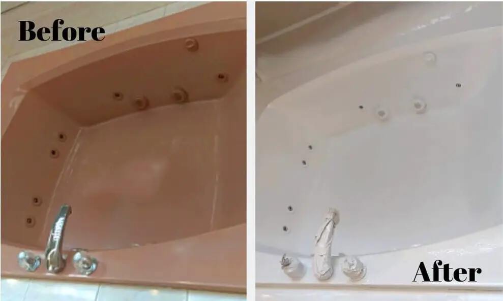 The image shows the before and after of a refinished jacuzzi bathtub, the before bathtub is a light maroon color and the after bathtub is a white color.